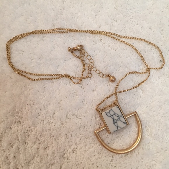 Long Gold & Marble Geometric Pendant Necklace - Picture 3 of 4